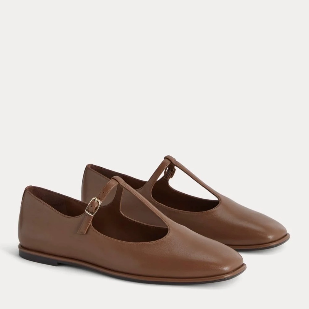 Everlane The Leather T-Strap Flat Rum Brown Leather 8 - Picture 2 of 11